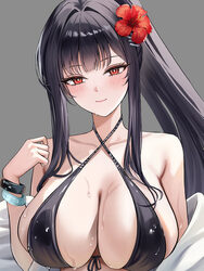 1girl alternate costume black hair blue archive blush bracelet breasts cleavage closed mouth collarbone commentary cris…