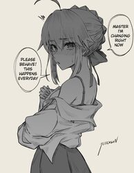 1girl ahoge artoria pendragon (fate) bow bra braid braided bun breasts commentary dress english commentary english text…