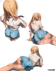 1girl absurdres ass blonde hair blue skirt commentary from behind highres kitagawa marin lady shin long hair lying mami…