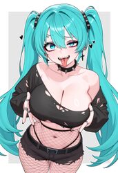 1girl absurdres aqua eyes aqua hair black collar black shirt black shorts breasts collar commentary commission cropped …