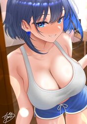 1girl absurdres bare arms blue eyes blue hair blue shorts blush bow bow earrings breasts cleavage colored inner hair co…