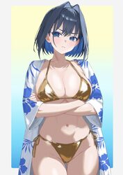 1girl absurdres alternate costume arms under breasts ass visible through thighs bikini blue eyes blue hair border breas…