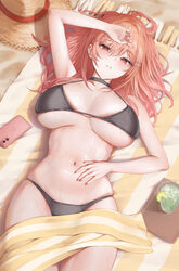 1girl absurdres beach beach towel bikini black bikini black choker breasts breasts apart cellphone choker cleavage comm…