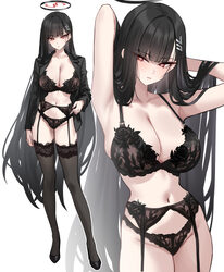 1girl absurdres armpits arms behind head black bra black hair black halo black panties black thighhighs blue archive br…