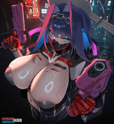 1girl artist name black hair black mask blue hair breasts chain chain headband colored inner hair commentary cosplay cy…