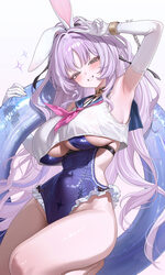 1girl abpart animal ears arm up armpits bare shoulders blue one-piece swimsuit blush breasts elbow gloves gloves highre…