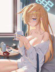 1girl absurdres animal ear fluff animal ears bare shoulders black necktie blonde hair blue archive blue eyes blue halo …