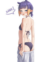 1girl  d absurdres ass bikini black bikini blue eyes blunt bangs commentary flat chest gradient hair halterneck highres…