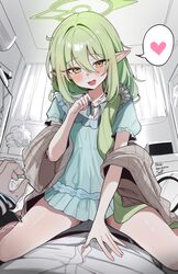 1boy 1girl absurdres artist name black tail blue archive blush commentary request curtains demon tail fang girl on top …