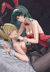 2girls  o ai-assisted alternate costume amiki yuzuru astra yao bare arms bare shoulders black bow black bowtie black ha…
