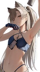 1girl  3 absurdres animal ear fluff animal ears arm up armpits belt bikini blue bikini blue gloves collarbone commentar…