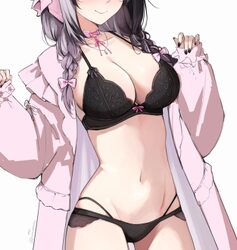 1girl black bra black hair black nails black panties bow bow bra bra breasts closed mouth coat commentary cowboy shot e…