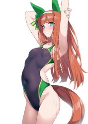 1girl absurdres animal ears aqua eyes arms up black one-piece swimsuit blunt bangs blush breasts competition swimsuit c…