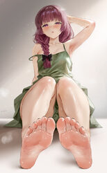 1girl absurdres arm behind head arm up armpits artist name bare arms bare legs bare shoulders barefoot black nails blun…
