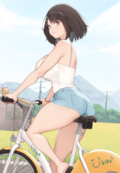 1girl absurdres ankle ass bicycle blue shorts blue sky bob cut breasts brown eyes brown hair camisole cloba cloud comme…