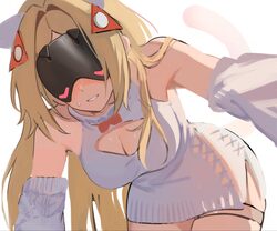 1girl animal ears arm warmers blonde hair blush breasts cat ears cat tail cleavage cleavage cutout clothing cutout comm…