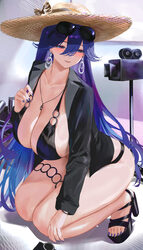 1girl absurdres alternate costume bikini black bikini black jacket black sandals blush breasts camera cleavage collarbo…