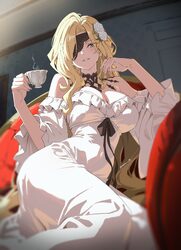 1girl absurdres bare shoulders blonde hair blue eyes breasts cleavage commentary covered navel cup dress flower genshin…