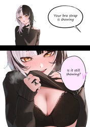 1girl  o absurdres black bra black choker black hair black sweater blunt bangs bra bra strap breasts breath choker clea…