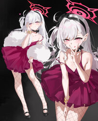 1girl bare shoulders blue archive blush breasts choker commentary dema hmw dress earrings fishnet pantyhose fishnets fu…