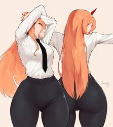 1girl ass black necktie black pants bra visible through clothes breasts chainsaw man commentary double-parted bangs dre…