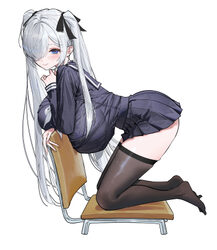 1girl absurdres alternate costume black ribbon black thighhighs blue eyes breasts chair cinderella (nikke) commentary g…