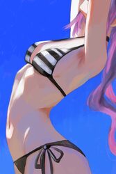 1girl absurdres arched back armpits arms up bikini blue sky breasts commentary request eyes out of frame halterneck hea…