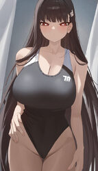 1girl   absurdres alternate costume bare arms bare shoulders black hair black one-piece swimsuit blue archive blush bre…