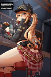 1girl absurdres alcohol ass ass focus back black gloves black helmet black jacket black shorts blonde hair blush bottle…