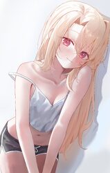 1girl absurdres black shorts blonde hair breasts camisole closed mouth collarbone commentary curtained hair dolphin sho…