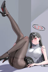 / 1girl alternate costume bare shoulders black hair black halo black pantyhose black shoes black skirt blue archive bre…