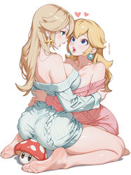 2girls absurdres aqua eyes ass bare shoulders barefoot blonde hair blue eyes blush breasts cleavage commentary earrings…
