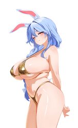 1girl animal ear fluff animal ears bare shoulders bikini blue hair braid braided ponytail breasts commentary curvy gold…