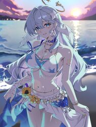 1girl absurdres bikini bikini skirt blue eyes blurry blurry background breasts cleavage commentary cowboy shot evening …