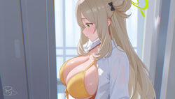 1girl absurdres ai-assisted artist logo bikini blue archive breasts brown hair cleavage commentary request commission g…