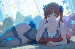 1girl absurdres bare shoulders blue bra blue panties blue thighhighs bra breasts brown eyes brown hair cleavage comment…