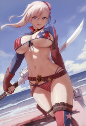 1girl absurdres asymmetrical gloves beach bikini black choker blue eyes blush breasts bun cover choker commentary day e…