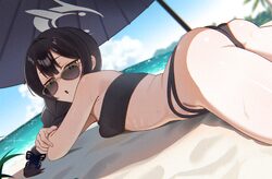 1girl ass bandeau beach bikini black bikini black hair blue archive blue sky braid braided ponytail breasts commentary …