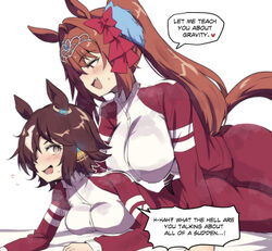 2girls absurdres alternate breast size (larger) animal ears blush bow breasts brown hair commentary daiwa scarlet (umam…