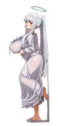 1girl absurdres blue archive breasts commentary request covered nipples frilled pajamas frills grabbing own breast halo…