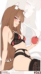 1girl absurdres animal ears apple black garter belt blunt bangs blush bra breasts brown bra brown hair brown panties br…