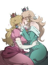2girls bare shoulders blonde hair blue nails blush breasts commentary crown dress earrings elbow gloves english comment…