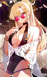 1girl absurdres bare shoulders black one-piece swimsuit blonde hair blue archive breasts brown eyes chinese commentary …