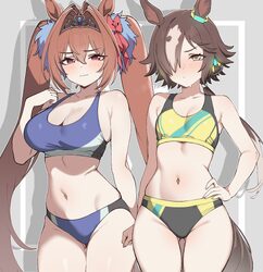 2girls absurdres animal ears ass visible through thighs bare arms bare shoulders black buruma blue buruma blue sports b…