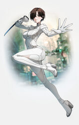 1girl bodysuit breasts brown eyes brown hair commentary english commentary evie (stellar blade) full body hair over one…