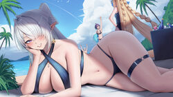 1boy 3girls absurdres belle (zenless zone zero) bikini blonde hair blue bikini blue hair blue one-piece swimsuit blue s…