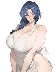 1girl apron blue hair blush braid breasts cleavage commentary dp-12 (girls frontline) girls frontline girls frontline 2…