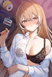 1girl ahoge bed sheet black bra black streaks blush bra breasts brown eyes brown hair chahanramen cleavage collared shi…