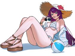 1girl arm support ball bangle bare legs bare shoulders beachball bikini blue eyes bracelet breasts collared shirt comme…