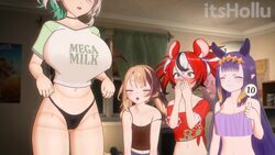 3d 4girls ahoge alternate breast size (larger) animal ears animated black hair blue eyes blunt bangs blush bouncing bre…
